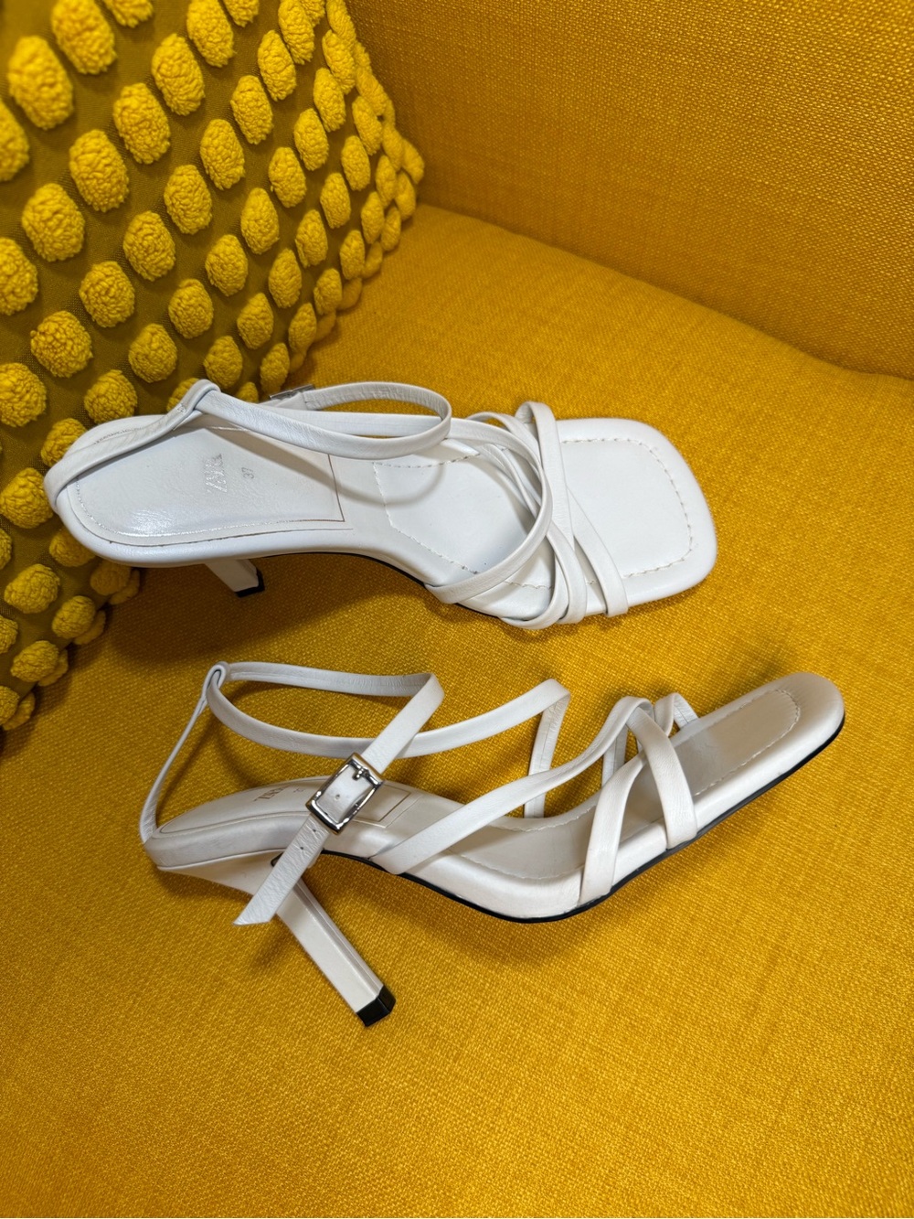 White Strappy Zara Leather Mid-Heel Sandals